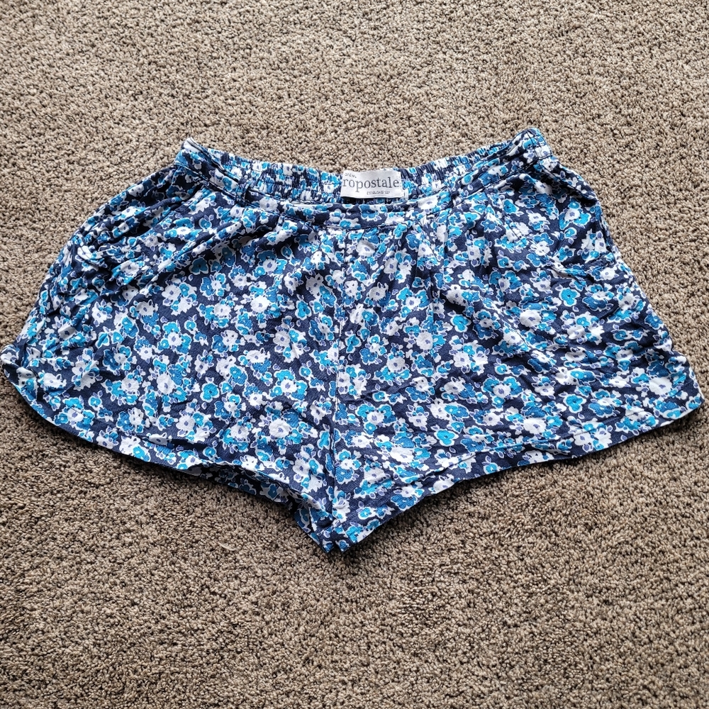 Aeropostale Women's Cotton Shorts M Blue White Floral Pockets Loungewear